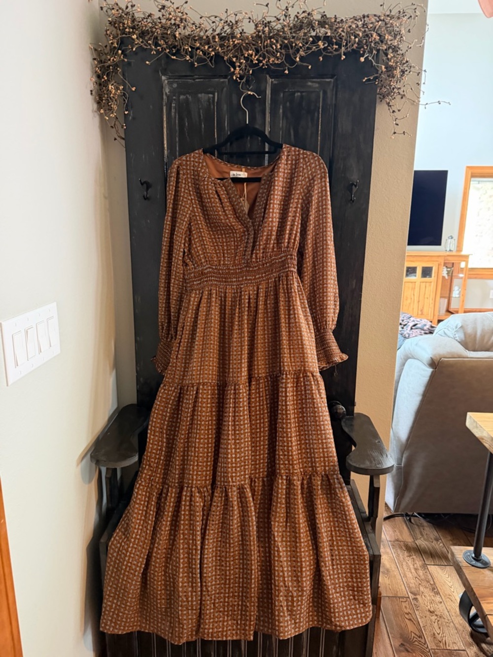 Smocked Waist Brown Printed Long-Sleeve Maxi Dress